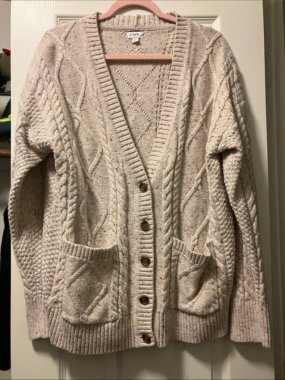 J. Crew Speckled Cream Cable Cardigan with Pockets